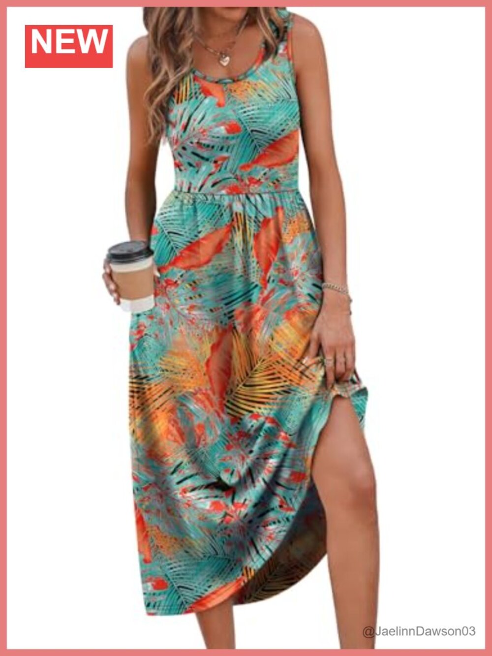 Flowy Midi Sundress with Pockets Scoop Neck A-Line Casual Beach Dress - Picture 3 of 6